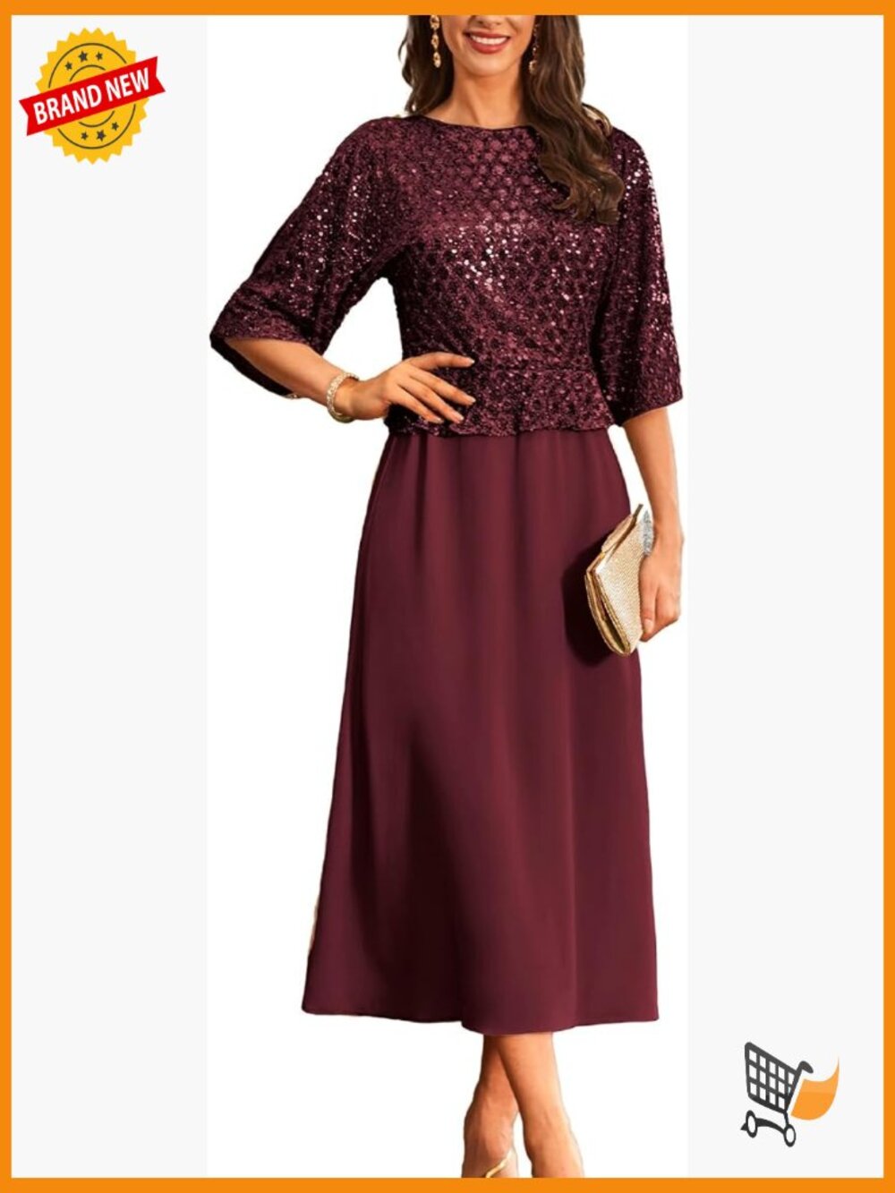 3/4 Sleeve Sequin Maxi Dress A-Line Formal Wedding Guest Dress